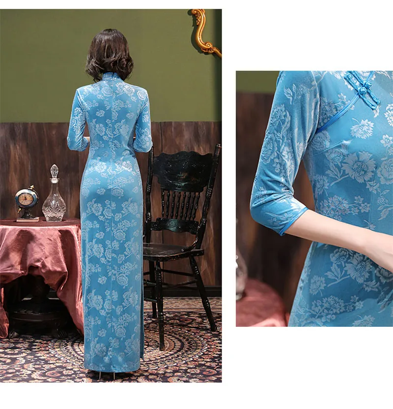 Lake Blue Velvet Long Cheongsam Floral Long Sleeve Vintage Improved Women Dress Chinese Style Qipao S To 5XL