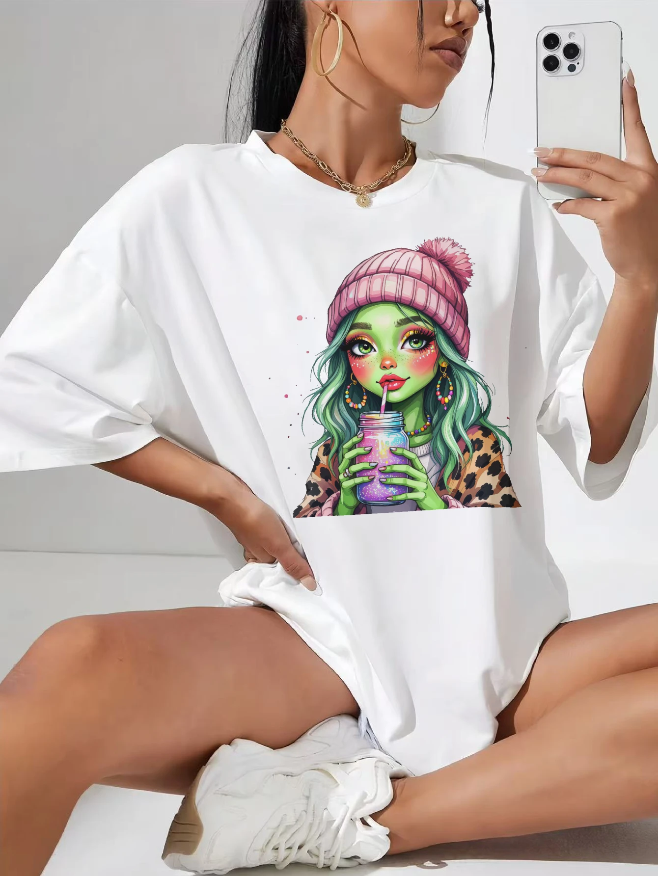 

Alien-Latte-Girl-Cozy White extended crew neck maternity tee full bump length soft and breathable