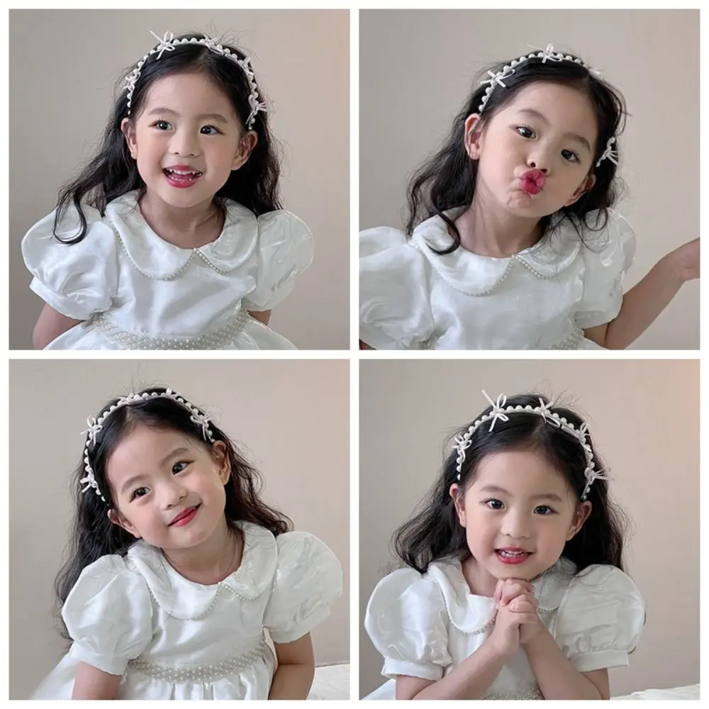 

Elegant White Pearl Bow Hairbands Korean Sweet Princess Hair Hoop Cute Flower Children Headband for Girls