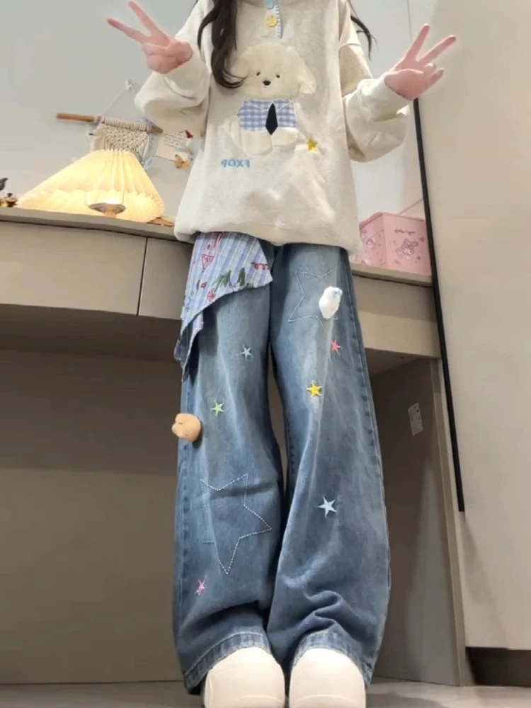 

Women's Colorful Star Embroidery Wide Leg Jeans Loose High Waist Baggy Denim Pants with Cute Plush Decor Casual Streetwear Pants