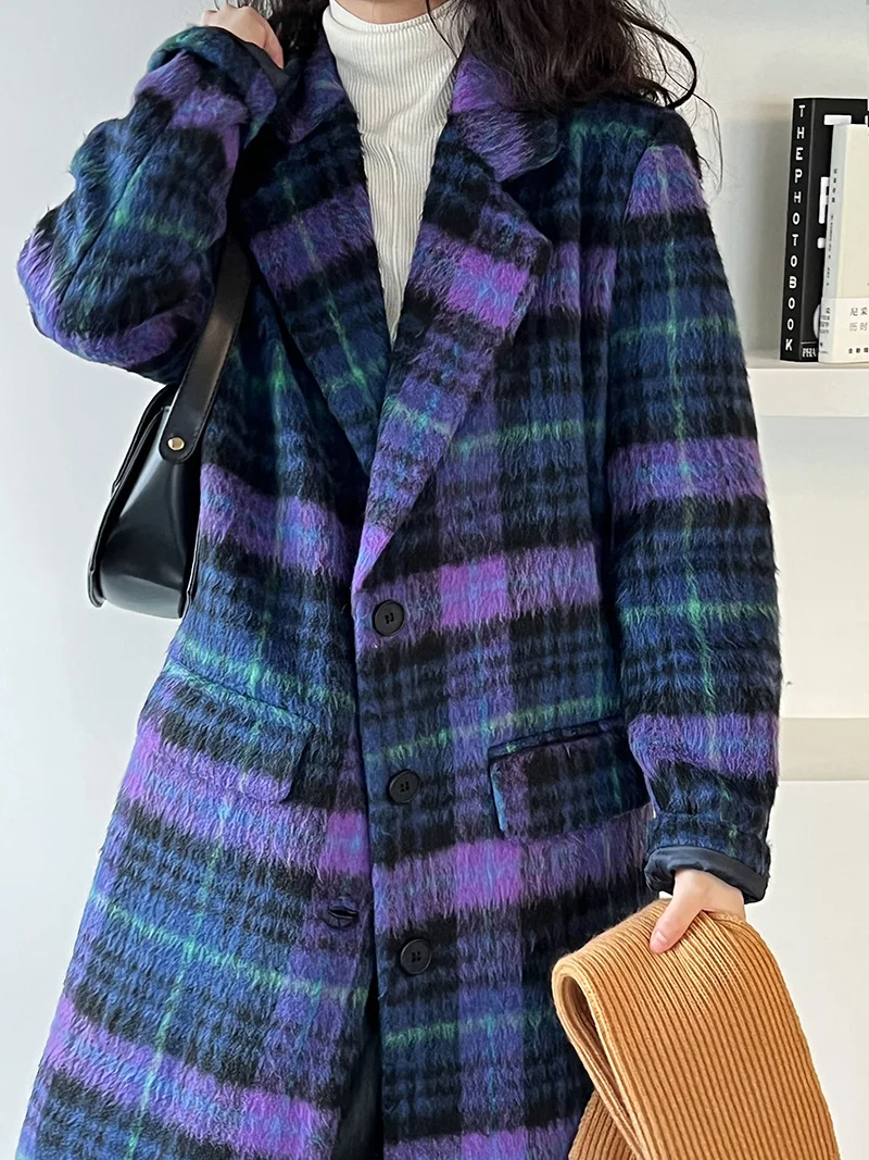 

Tesco Plaid Wool Coat For Women 2023 Winter Loose Casual Full Sleeve Blazer Trench Korean Fashion Senior Medium Length Outerwear