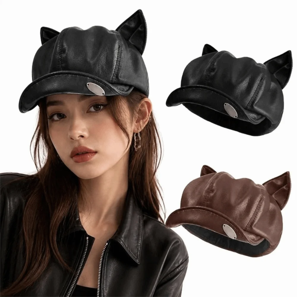 Elegant PU Leather Cat Ear Beret Cute Ear Design Retro Style Newsboy Cap Black/Coffee Painter Hat All Seasons