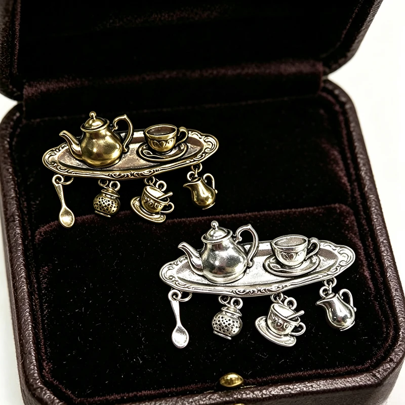 Vintage Tea Set Brooch Retro Gold Teapot Cup Spoon Dangle Charms Lapel Pin Women Jewelry Gift