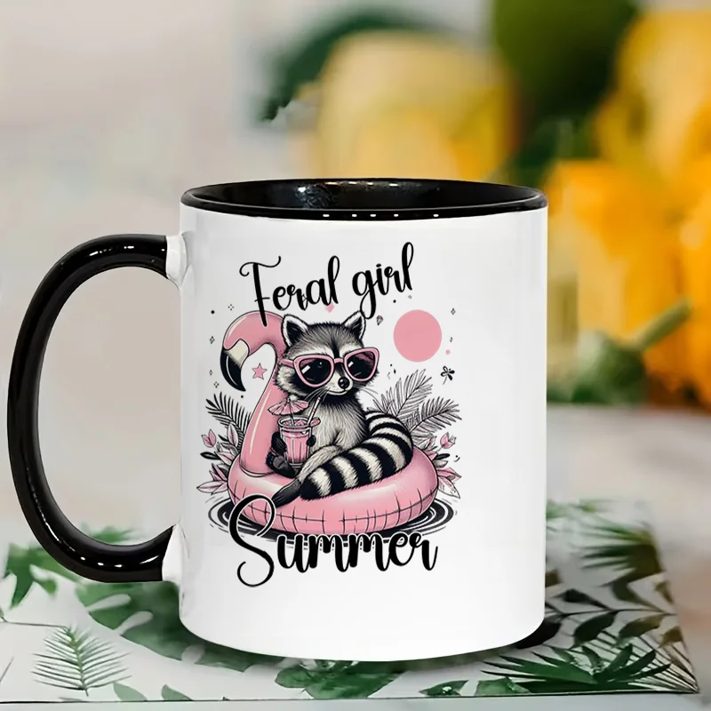 Cute Raccoon Flamingo Float Summer Print Ceramic Coffee Mug 11oz 350ml Personalized Custom Colorful Print Mug Microwave Safe Cut