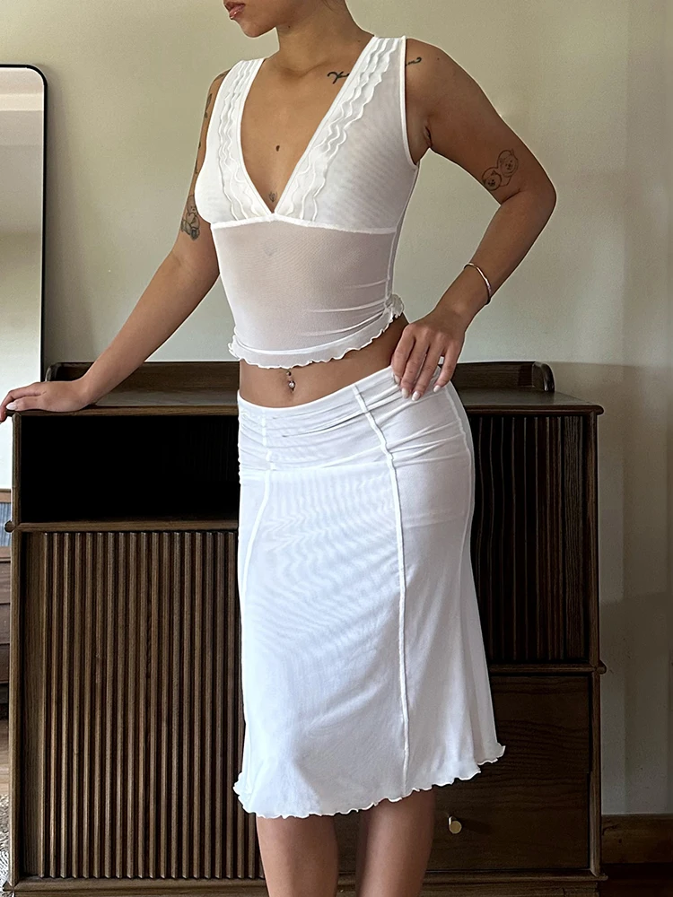 

Nibber Summer 2 Piece Set Women Simple Ruffled Edge V-Neck Lace Patchwork Tank Top+Mesh Skirt Beach Party Vacation Sexy Suits