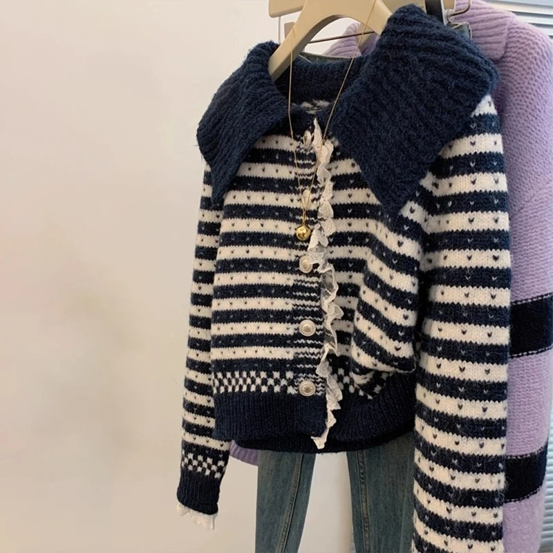 المرأة أناقة مخطط سترة الحلو نمط الدانتيل الديكور رفض طوق سترة الترفيه واحدة الصدر محبوك القمم #2