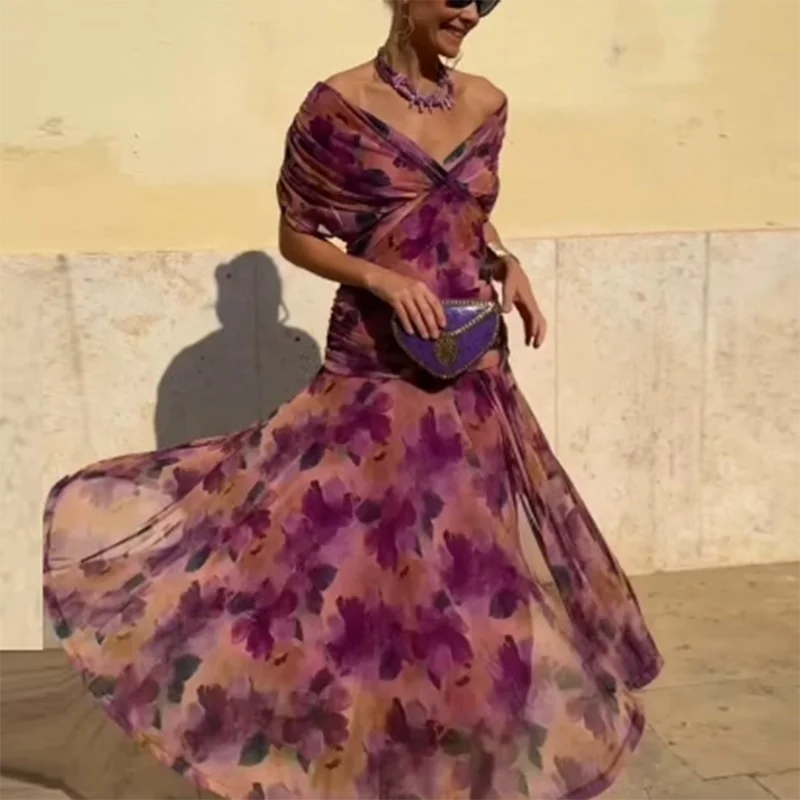 Lente Zomer Effen Mesh Geplooide Jurk Vrouw Elegante V-hals Holle Lange Jurk Korte Mouw Boheemse Vakantie Casual Feestjurken