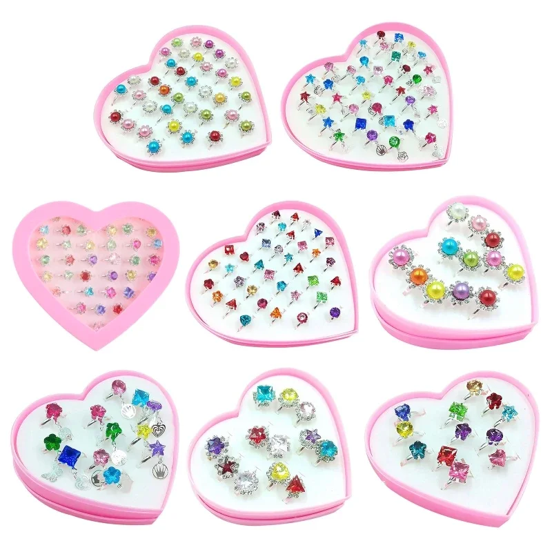 12/36 Pcs/box Adjustable Alloy Baby Girl Rings Fashion Cartoon Children Girl Rings with Heart Shaped Showcase for Party