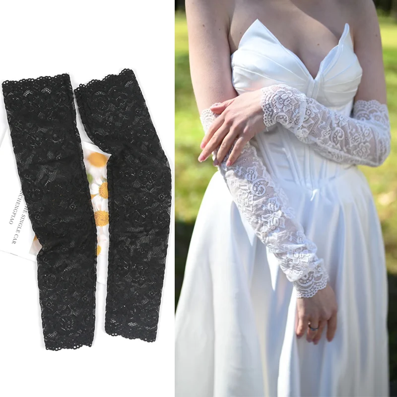 Women Summer Ice Silk Lace Flowers Elastic Arm Sleeve Driving Gloves White Long Fingerless Mittens Outdoor Sunscreen Gloves