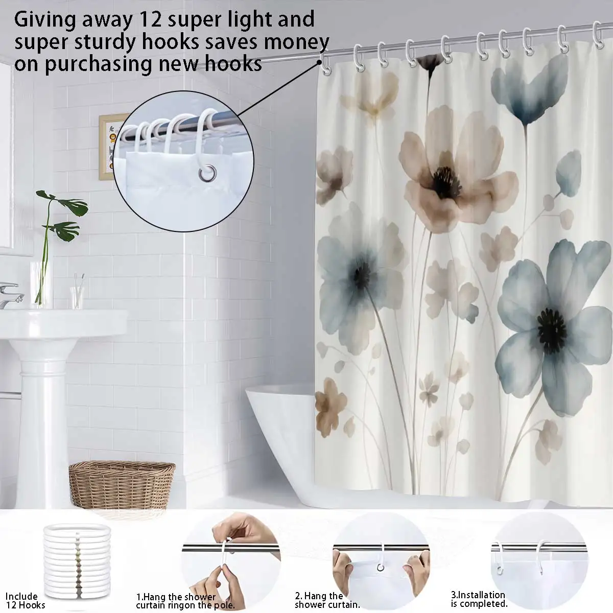 Elegant Floral Watercolor Shower Curtain 6