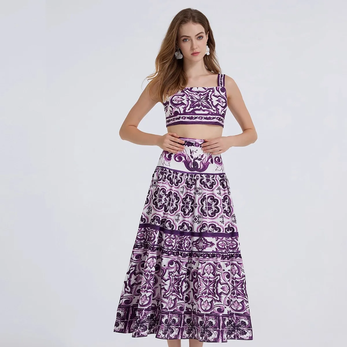 

Runway Purple Flower Print Women Two Piece Set Sexy Cropped Camisole Tops + Maxi Skirt Outfits Female Summer Holiday Beach Suit
