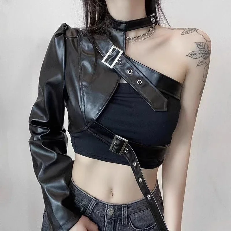 Women Punk Asymmetric Single Sleeve PU Leather Crop Top Buckle Straps Stage Dance Performance Outfit