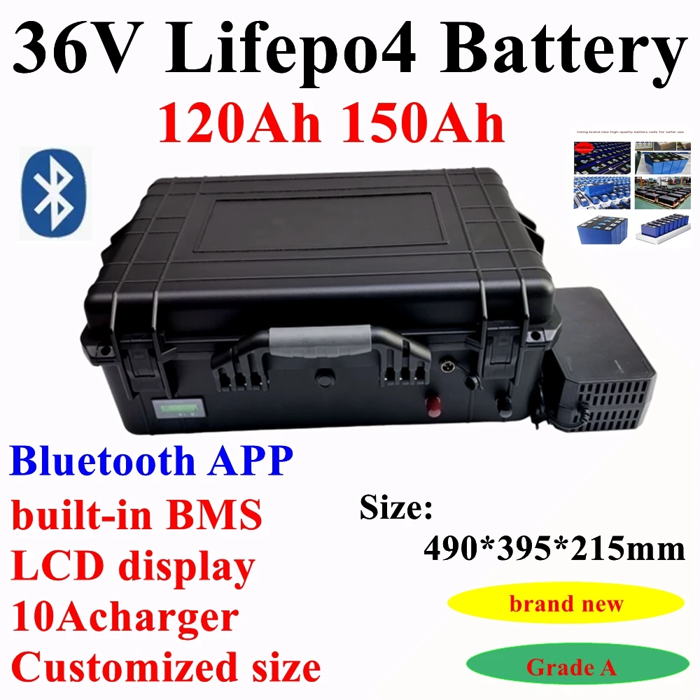 LT-whatproof 36V 150AH lifepo4 36v 120Ah lifepo4 lithium chargeable battery for 3000w go cart bike scooter boat +10A Charger