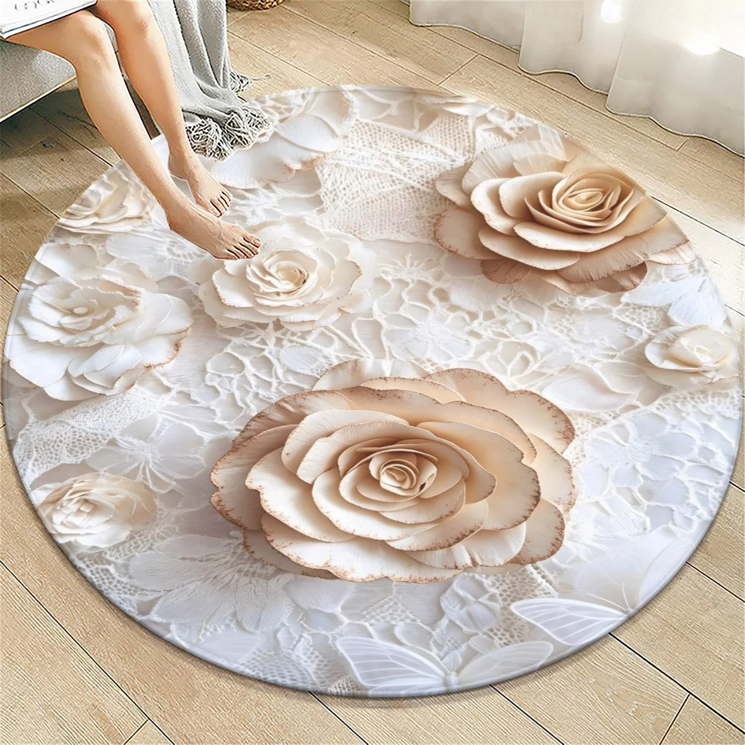 Pastel Marble Pink Lotus Circular Area Rug  Floral Art Print Anti Slip Round Doormat Zen Style Living Room Chair Mat