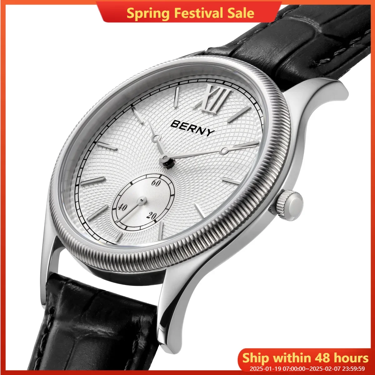 BERNY Men's Watches Luxury Classic Stylish Dress Quartz Watch Ultra-Thin Stainless Steel Case Elegance Leather Strap Wristwatch