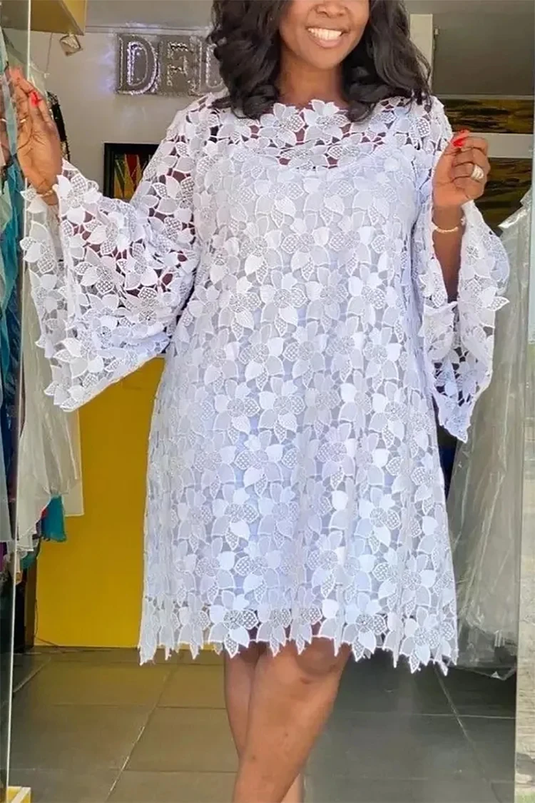 Mini vestido de manga larga calado de encaje blanco diario de talla grande