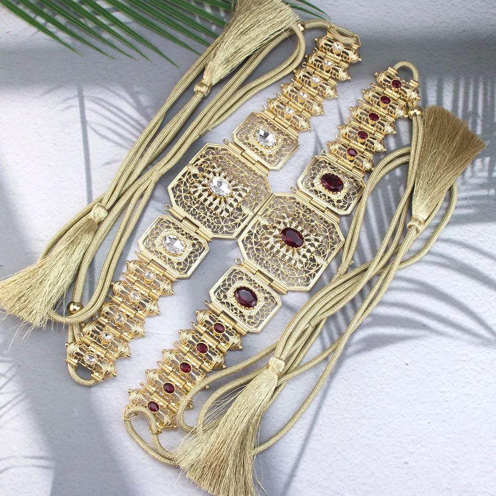 حزام حبل يد ذهبي اللون الجزائر المغرب حزام قفطان للنساء كريستال مجوهرات الزفاف مهرجان عربي بيجو