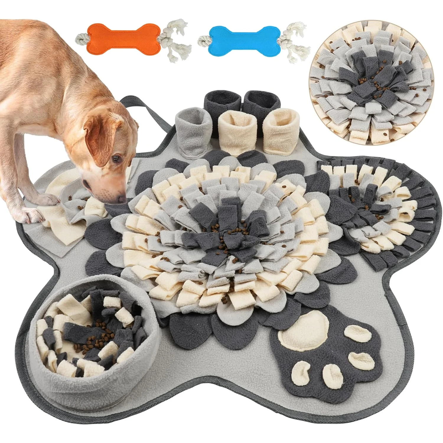 1 coussin de reniflement en laine pour animaux de compagnie, avec plusieurs compartiments cachés pour la nourriture, qui forment un mini labyrinthe de friandises, augmentant ainsi le plaisir de l'exploration.