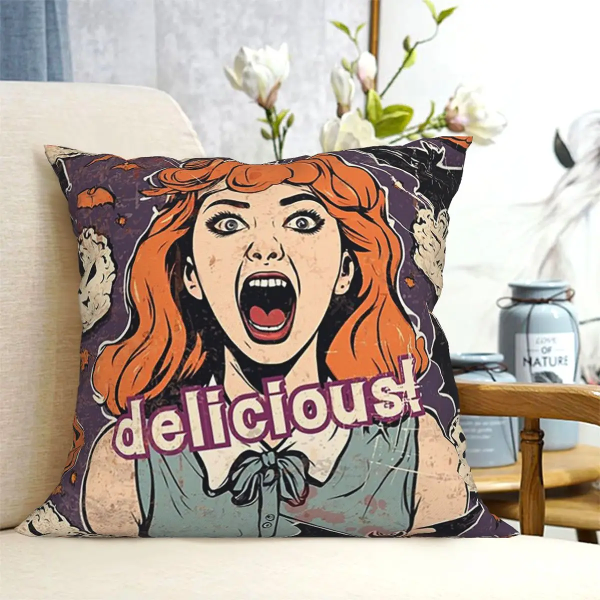 Rice Balls Is Delicious! Halloween Girl Version Square Pillowcase Cushion Cover Pillow Case Throw Pillow Cover Home Bedroom Car
