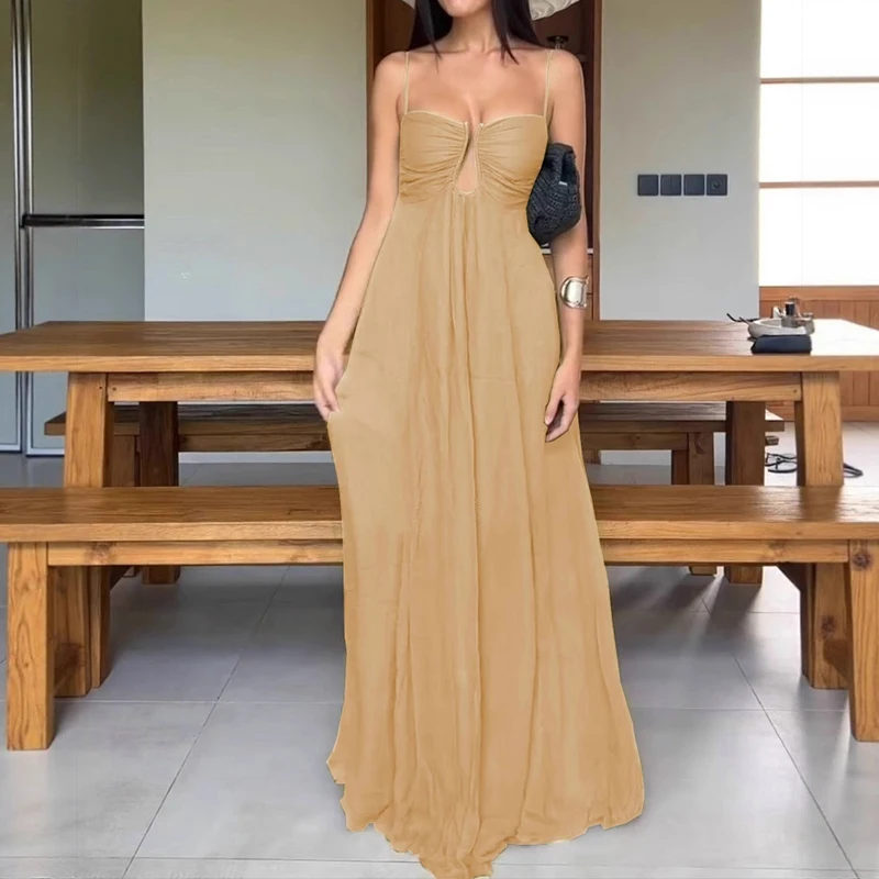 แฟชั่นจีบหลวมชุดสลิง Elegant U-คอปิดไหล่ชุดยาวผู้หญิงเซ็กซี่ Hollow OUT Solid Swing PARTY DRESS