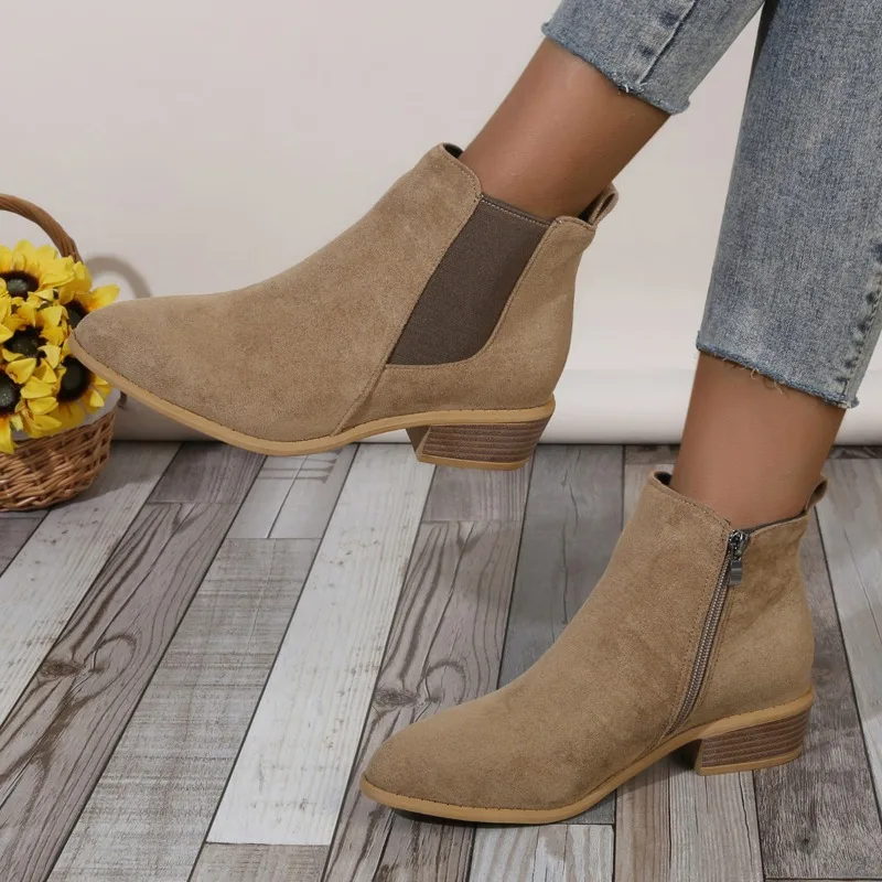 Women's Natural Suede Elastic Patch Low Heel Shoes Autumn and Winter Ankle Boots Square Toe Casual Short Boots Size 36-43