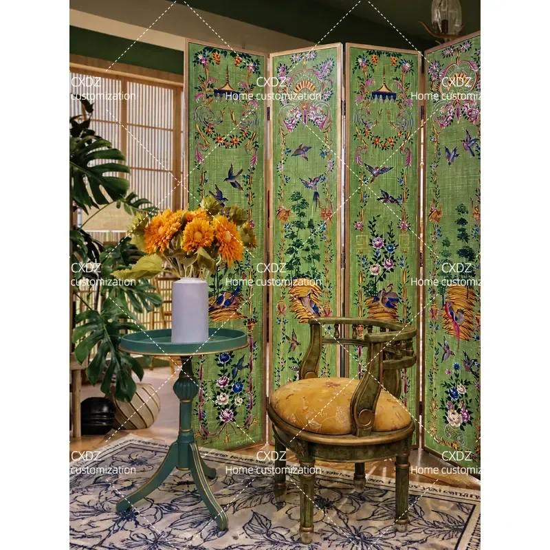 Retro European Style Hand Painted Folding Screen Semi Transparent Room Divider Solid Wood Mobile Partition for Hotel Entrance