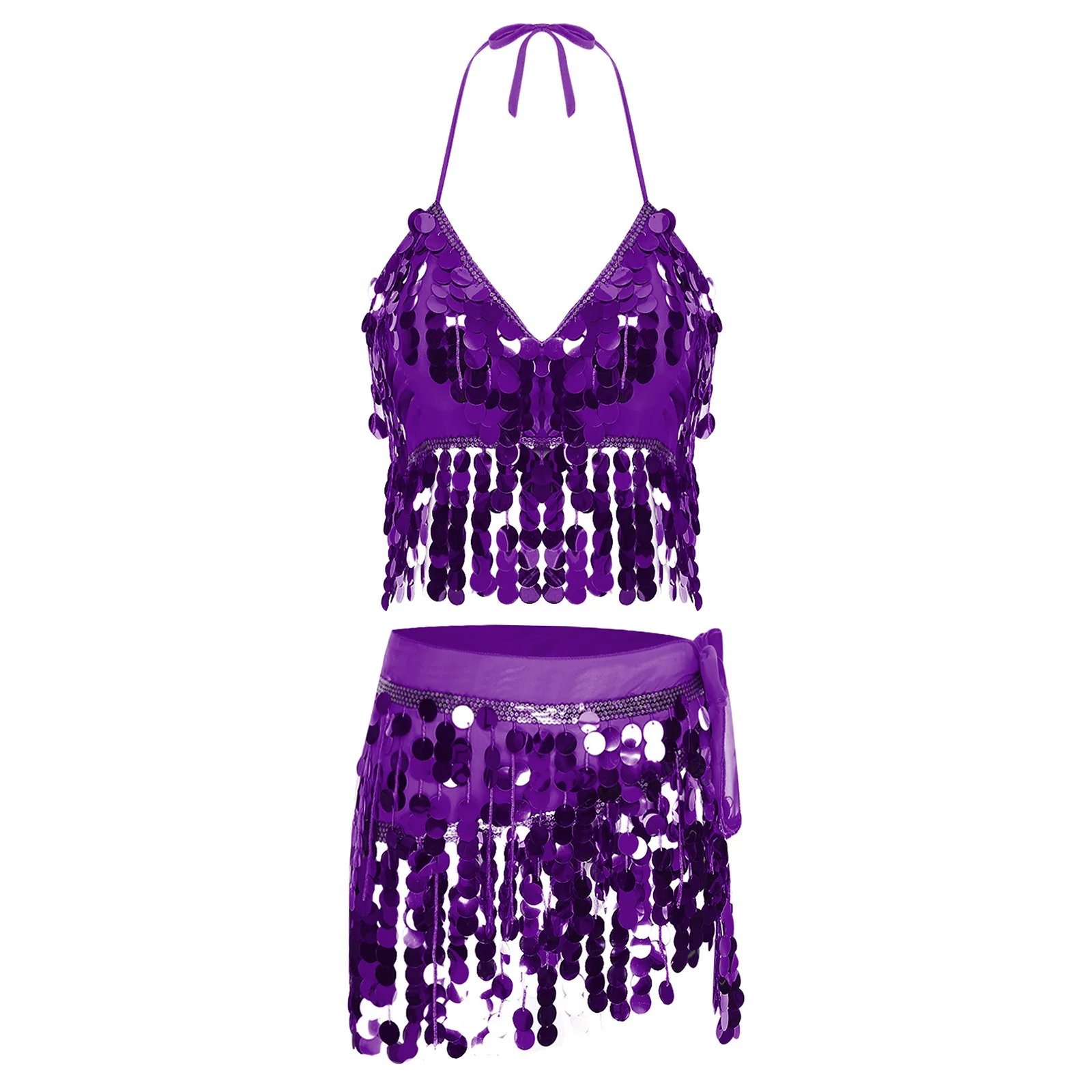 Womens Belly Dance Outfits Glittery Sequin Tassel Fringe Padded Bra Crop Top And Lace-up Hip Scarf Waist Chain Skirt Dance Wear