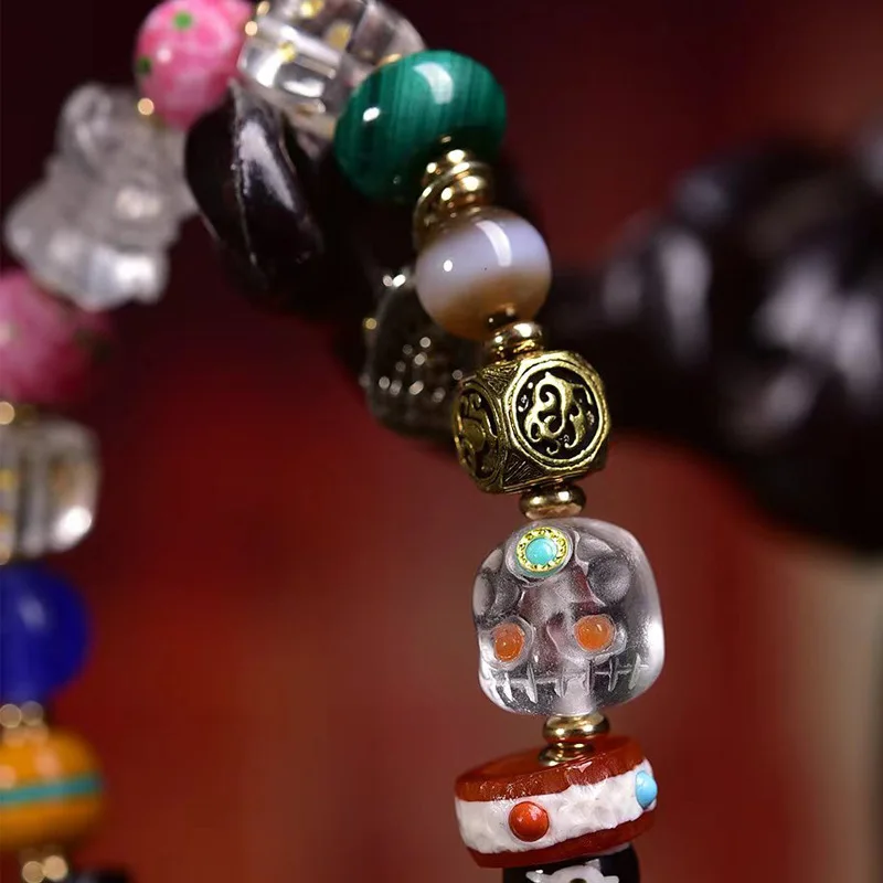 Agate Multi-Gemstone Single Circle Glass White Malachite Three-Eyed Dzi Buddhist Bead Bracelet