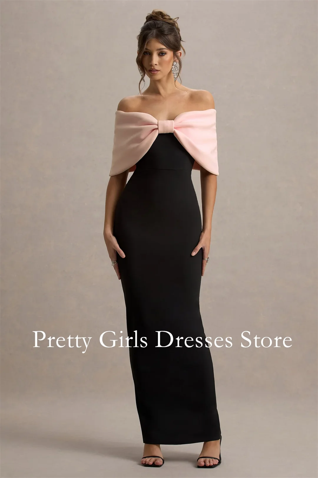 

Pink & Black Strapless Maxi Dress With Oversized Bow Gown Evening Dresses Customized Party Prom Gowns Formal vestidos de fiesta