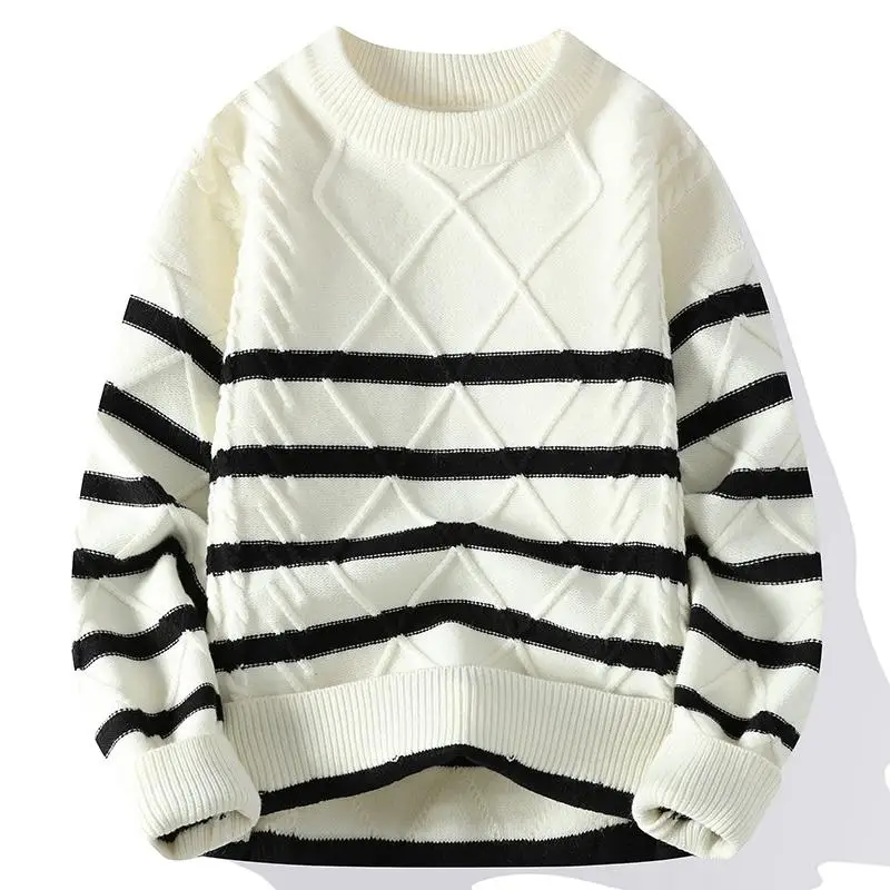 

Fine Men's Fashion Autumn Winter British Style Slim Trend Stripes with Solid Color Crew Neck Pullover Sweater Casual Knitwear