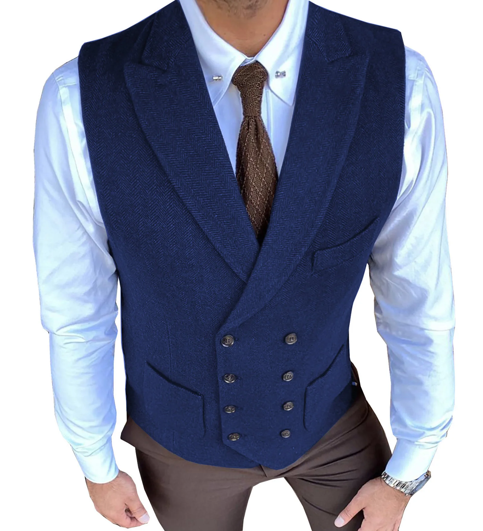 Herringbone Men\'s Vest Casual Double Breasted Suit Vest Herringbone Pattern Notch Lapel Waistcoat for Groomsmen for Men Vest