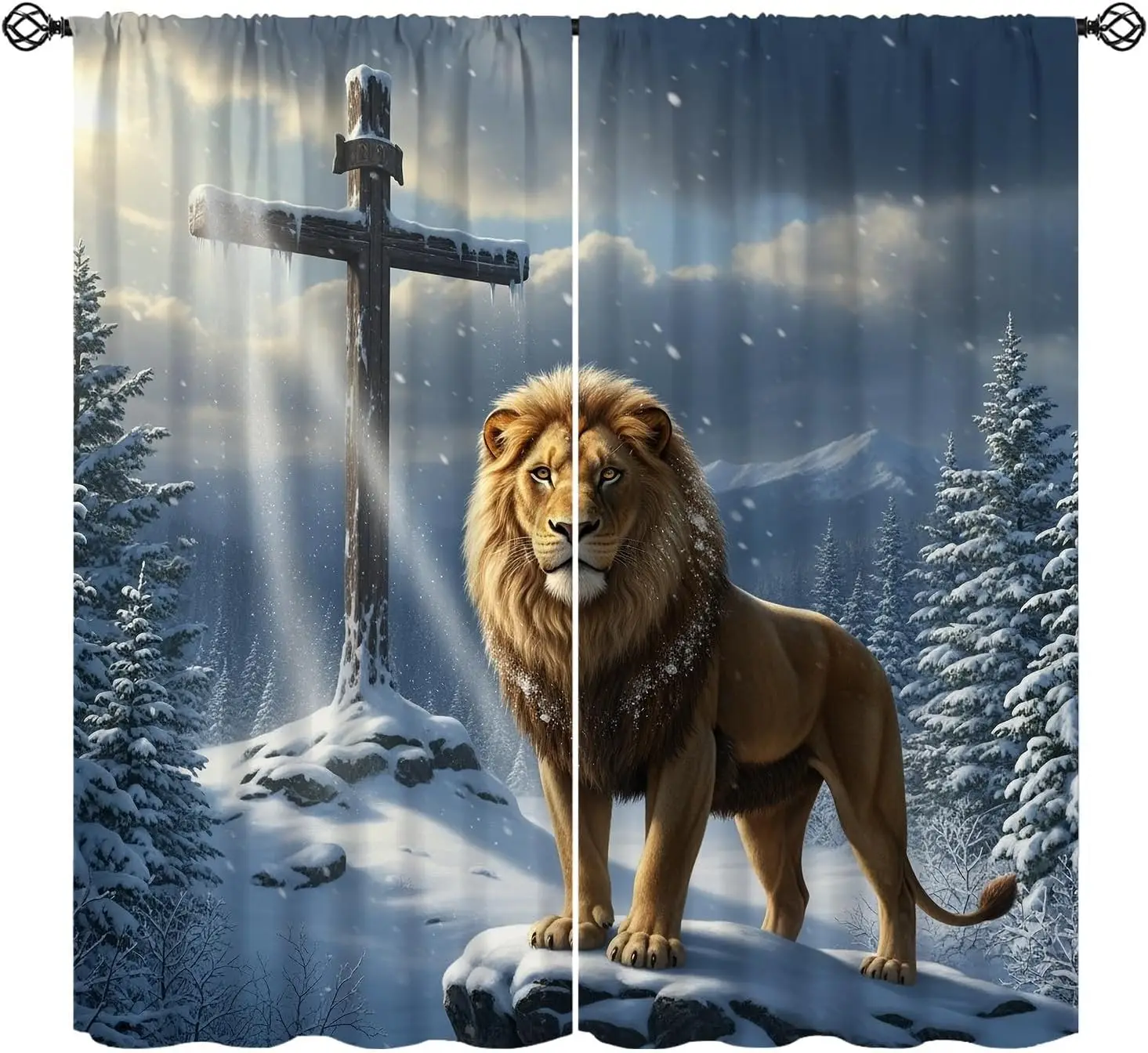 Snow Wilderness Lion Cross Curtain 2 Panels, winter forest snowflake sunbeam wooden cross lion pattern for church bedroom