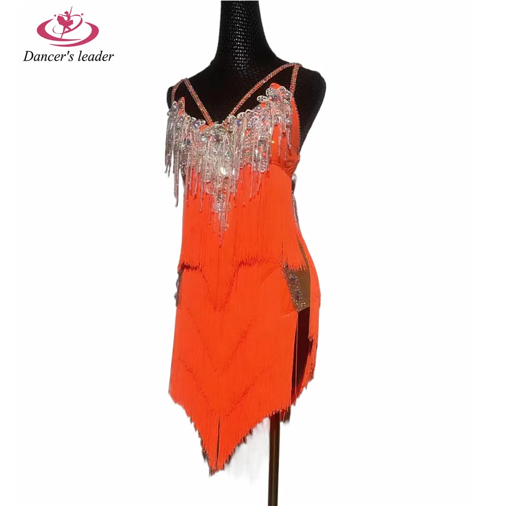 

Latin ance Dress High-end Custom Sky Blue With Diamond Suspenders Tassel Dance Dress Cha Cha Tango Stage Professional Clothing