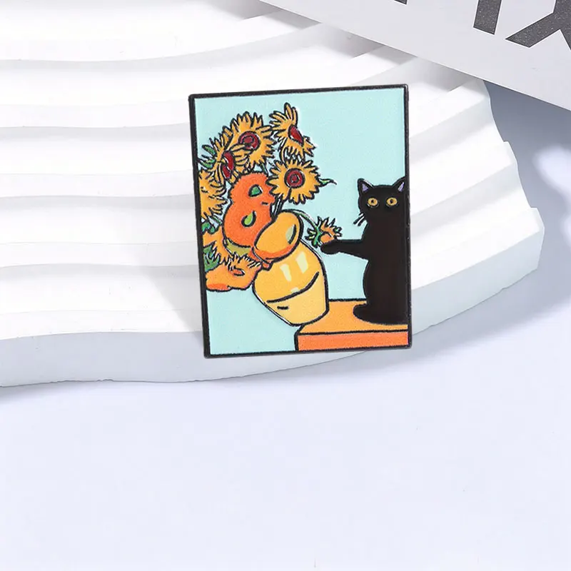 Van Gogh Sunflower Black Cat Pushing Over Vase Enamel Pin Retro Oil Painting Art Brooch Clothing Badge Jewelry Gift for Friends