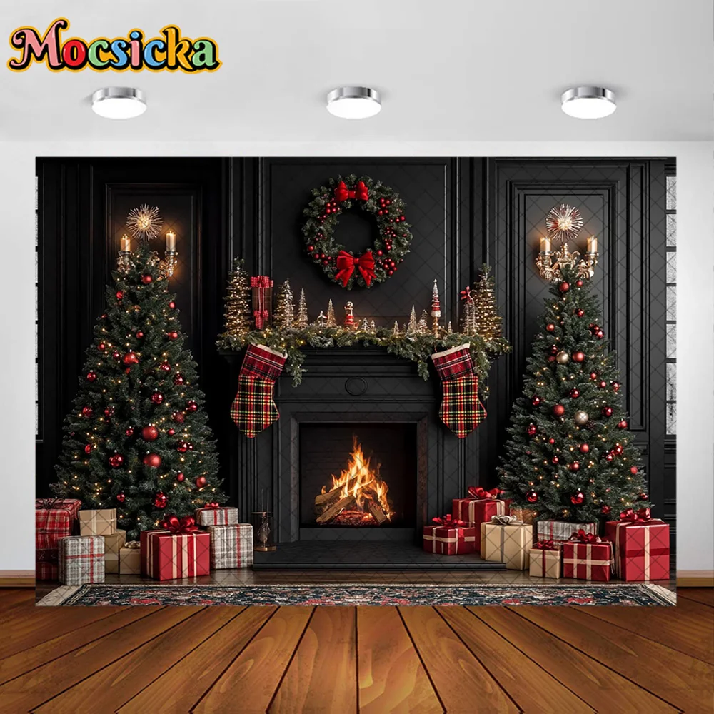 Mocsicka 사진 배경 검은 벽난로 화환 장식 가족 크리스마스 휴일 초상화 사진 배경
