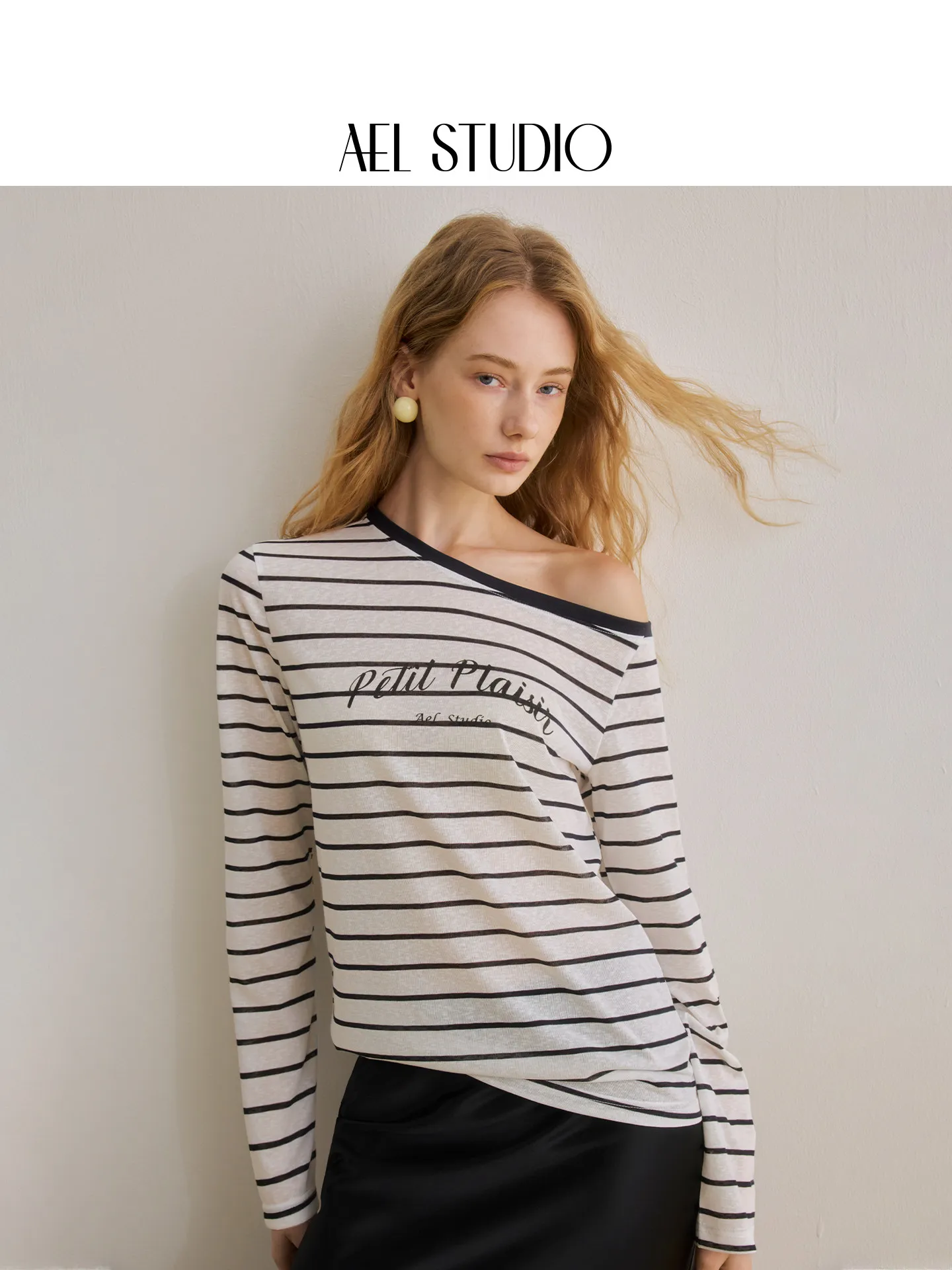 AEL Original Seaside Vacation Schräg Geschnittenes Gestreiftes Langarm-T-Shirt für Damen, Sommer 2026 Neu, Dünne Tencel-Bluse – Detail 1