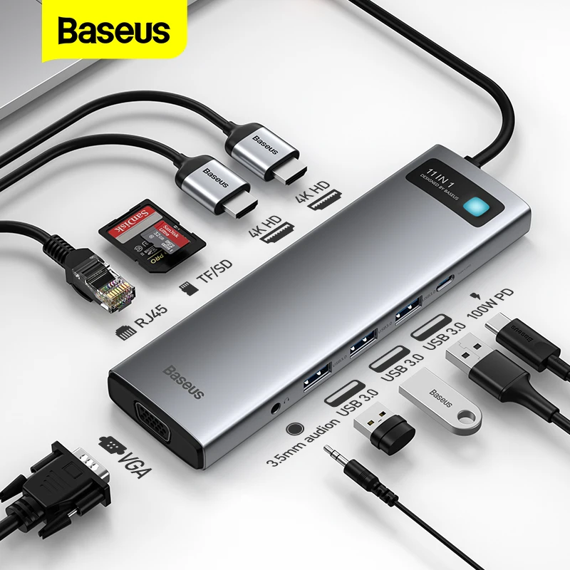 Baseus-concentrador de puertos USB tipo C a HDMI, compatible con RJ45, lector SD, PD, 100W, Cargador USB 3,0, divisor de estación de acoplamiento para MacBook Pro