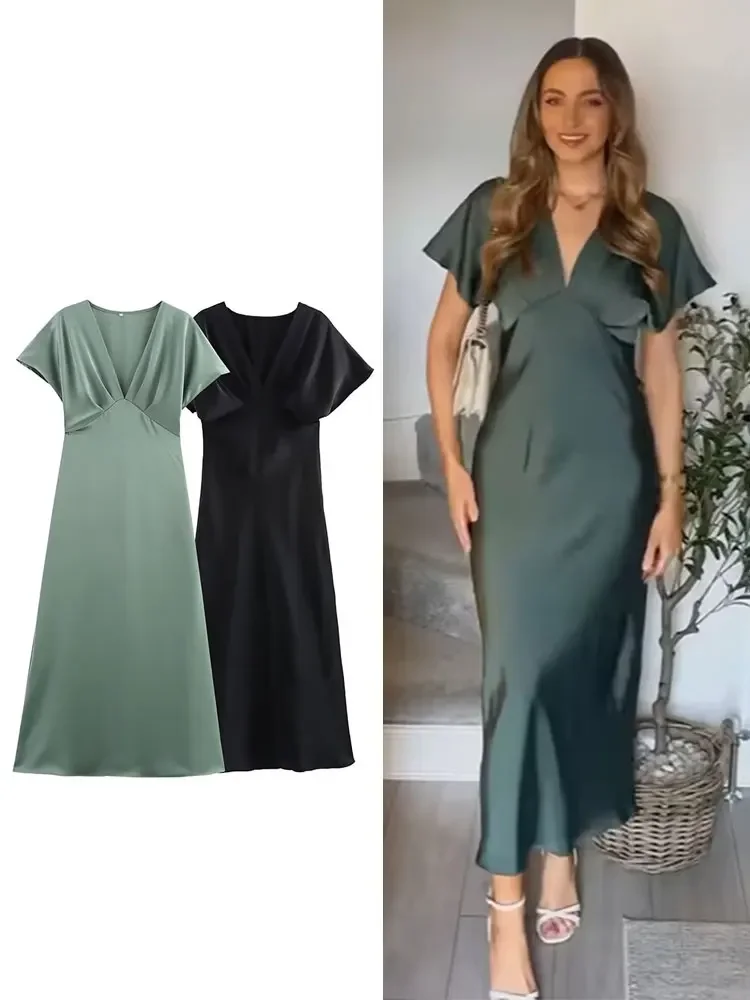 

Women Elegant Solid Satin Dress Sexy V Neck Short Sleeve Midi Dress New Fashion Summer Lady Holidays Party Dress