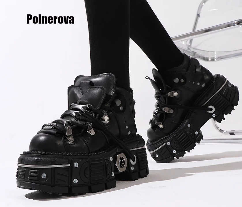 Retro gruba podeszwa metalowa wysokie topy buty damskie skórzane buty ciemne punkowe spód muffina w stylu ulicznym pojedyncze buty dla pań