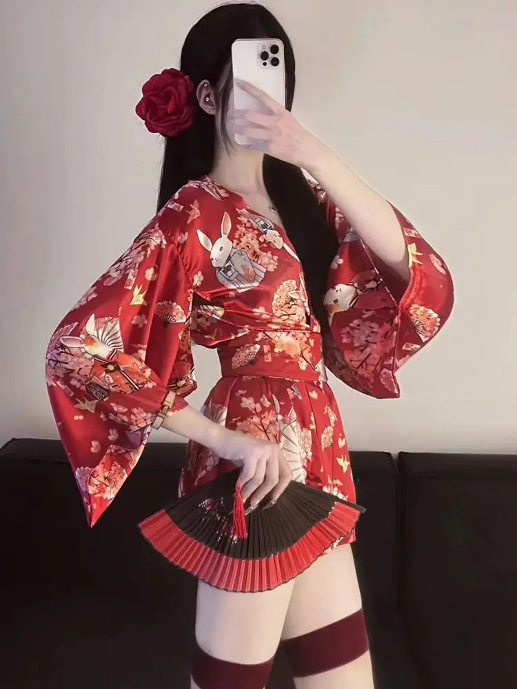 Red Yukata Robe Sweet Cartoon Girl Kimono Pajamas Nightdress Hot Spring Yukata Pajamas Kimono Damskie Kamono Japanese Dress - Image 4