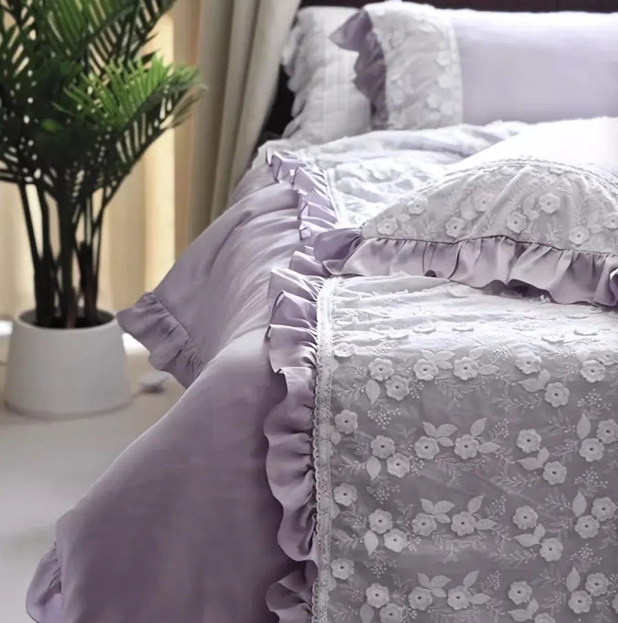 Elegant purple floral bedding set,full queen king romantic ruffled violet flower home textile bed sheet pillow case duvet cover