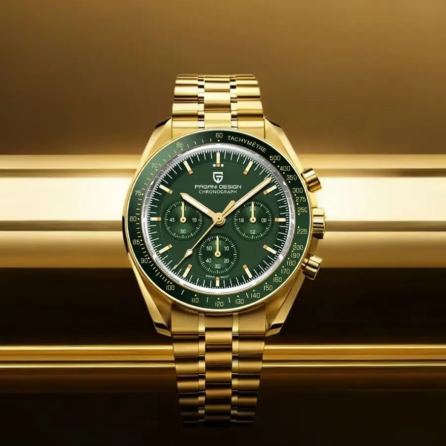 2026 Neue PAGANI DESIGN Gold-Grüne Luxus-Quarzuhr für Herren, Monduhr, Sport-Chronograph, AR-Saphirglas-Armbanduhr für Männer