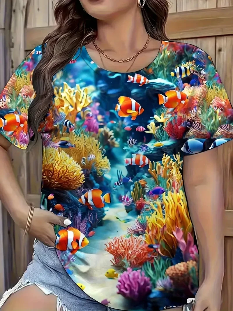 Damska koszulka plus size z nadrukiem 3D podwodnego świata, luźna i modna koszulka z krótkim rękawem, miękka i wygodna.