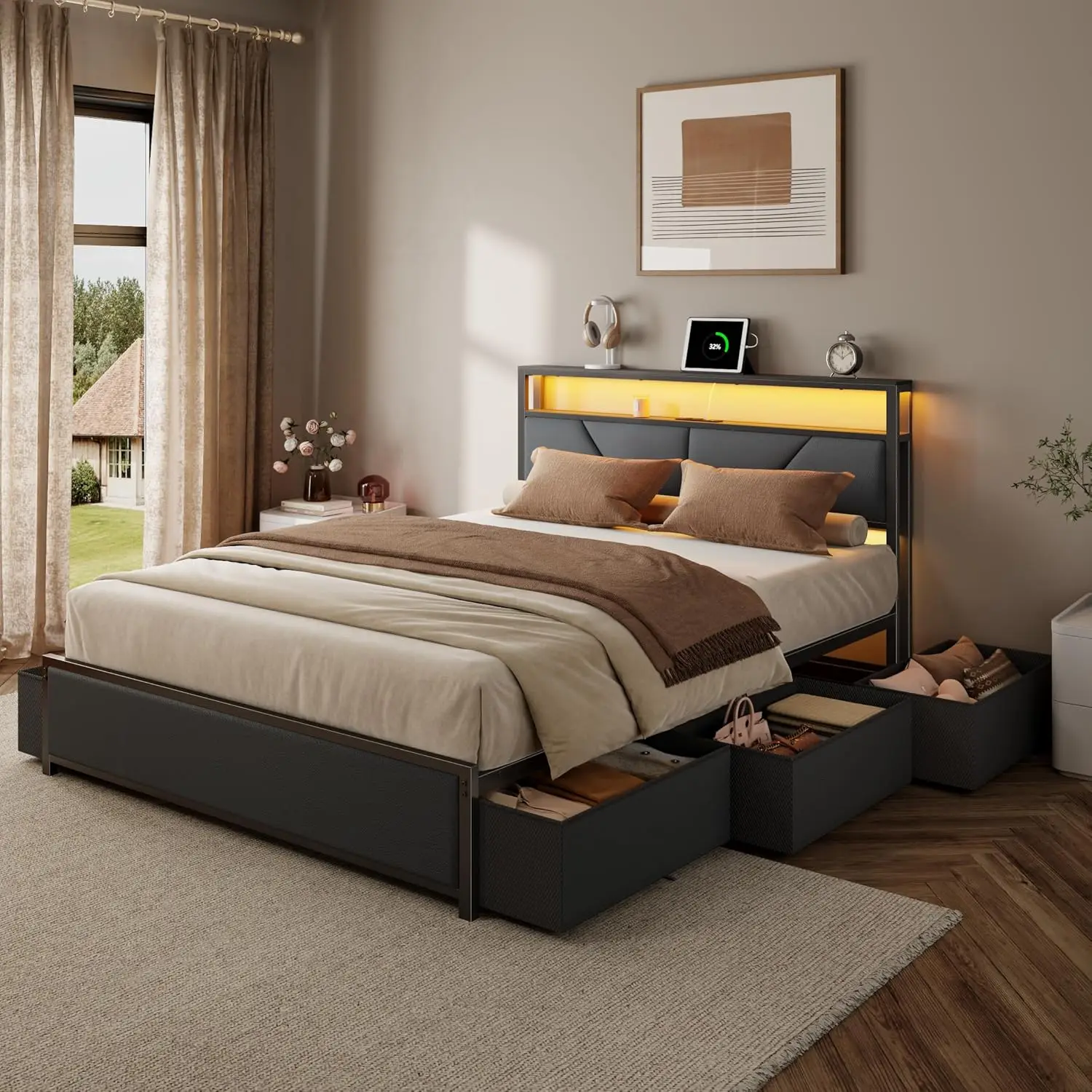 Queen Bed Frame with Storage Headboard and 6 Drawers, Metal Platform Bed Frame Queen Size with Charging Station and, Customized - view 4