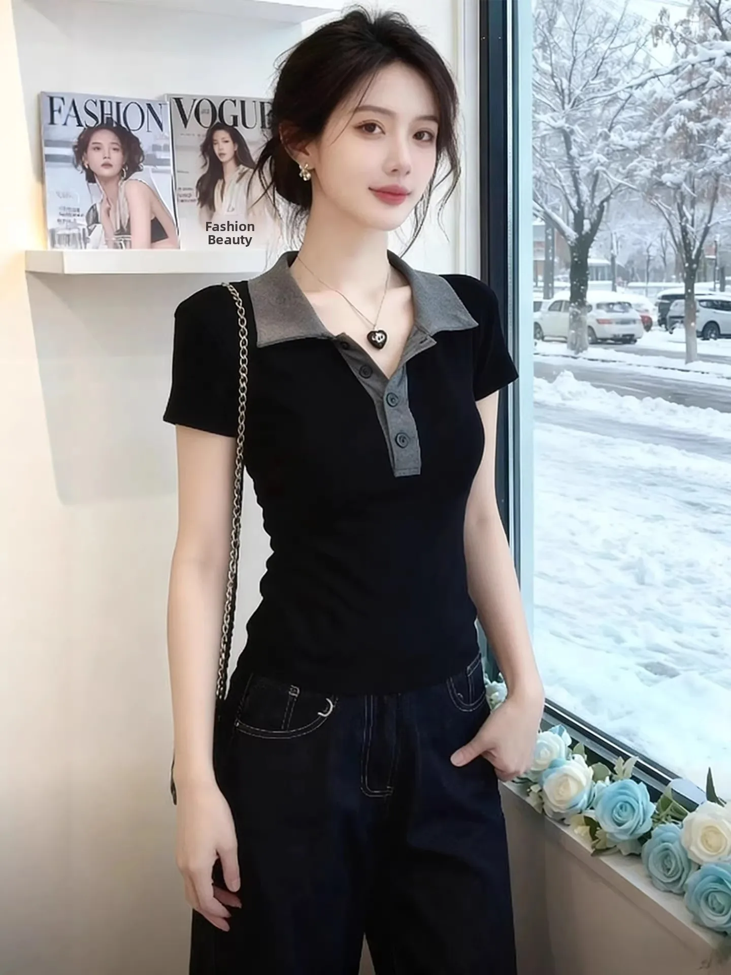 Slim Fit Short Sleeve T-Shirt Women's Black Grey Collared Base Layer Summer Beautiful Special Pretty Waist Cinched Top