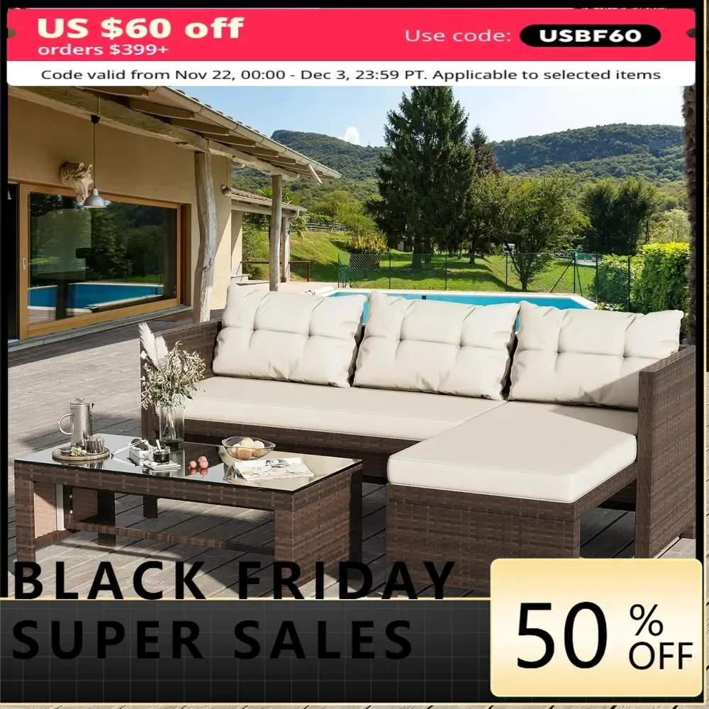 

Outdoor Patio Furniture Sets, Wicker Patio sectional Sets 3-Piece, All Weather Wicker Rattan Patio Seating Sofas Coffee Table