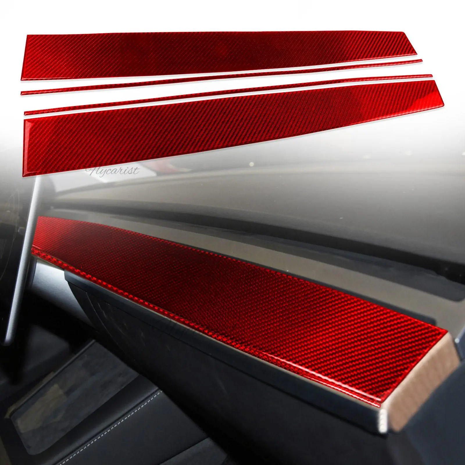 

4 шт., наклейка на приборную панель центральной консоли, красная наклейка из настоящего углеродного волокна для Tesla Model 3 Y 2017-2022