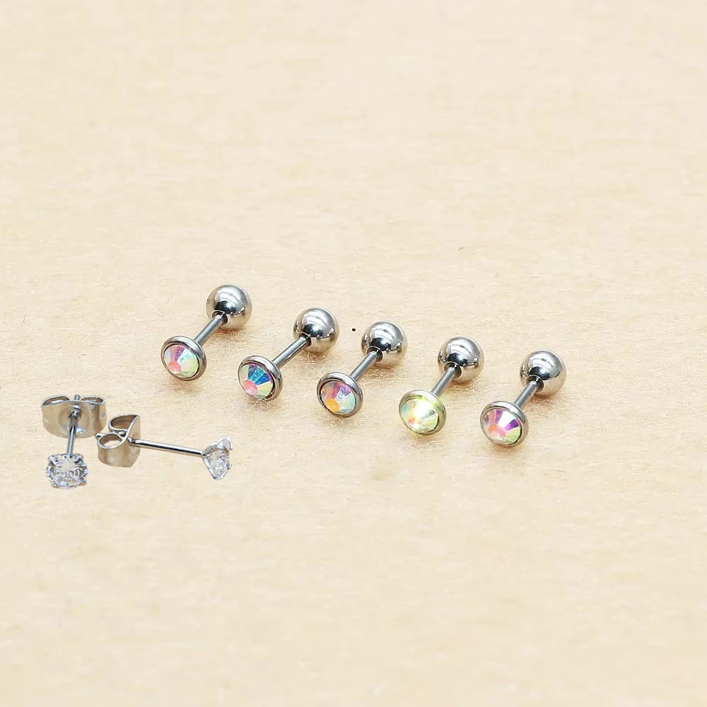 

Hypoallergenic Stainless Steel Dlicate AB Colors Stones 18G Needle Bar 1.0*6mm Zircons Screw-Back Stud Earrings No Easy Fade