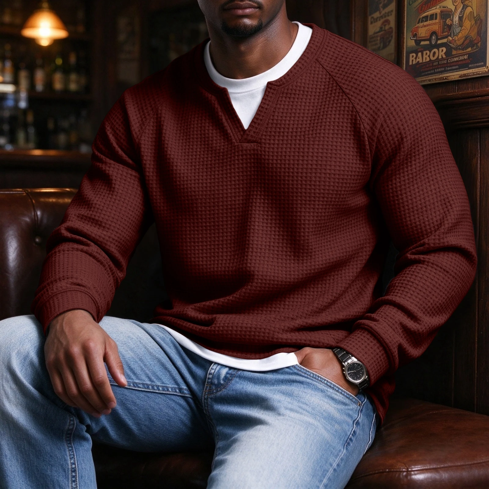 Waffle Men Sweater Casual V Neck Top Long Sleeve Waffle Men Shirt Pullover Autumn Fashion Raglan Knitwear Solid 2026 Pullover