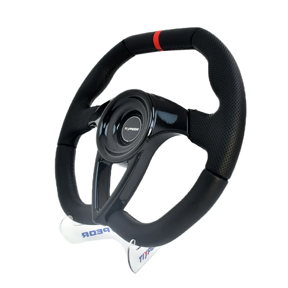 

TIYPEOR 350mm Sports Steering Wheel Black 5mm Bracke Falt D-shaped Racing Steering Wheel With Red Interface